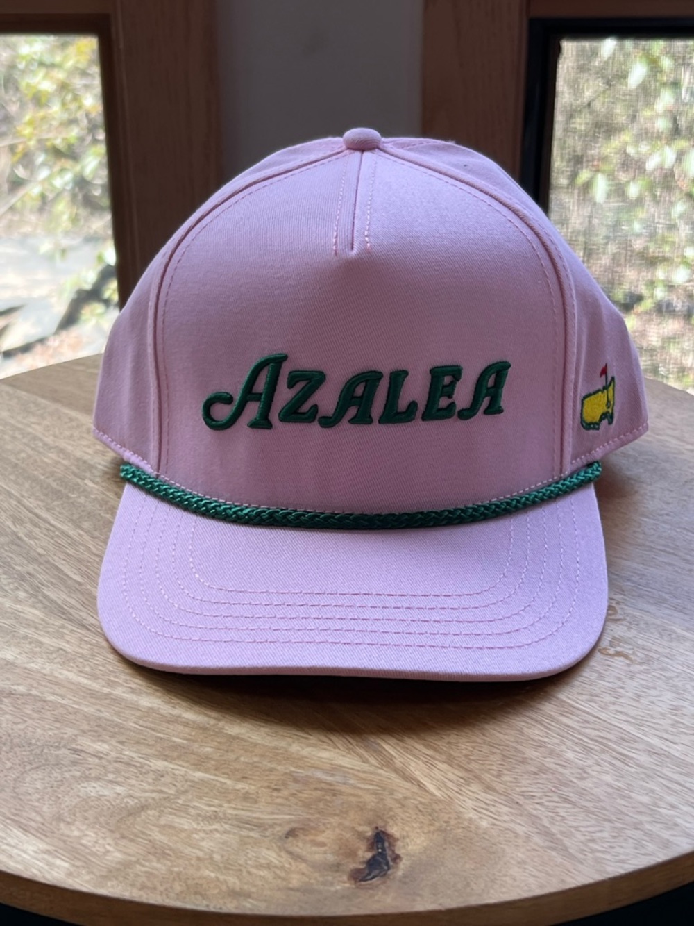 Pink Baseball Cap with Green Trim.  Popular Azalea hat from The Masters.